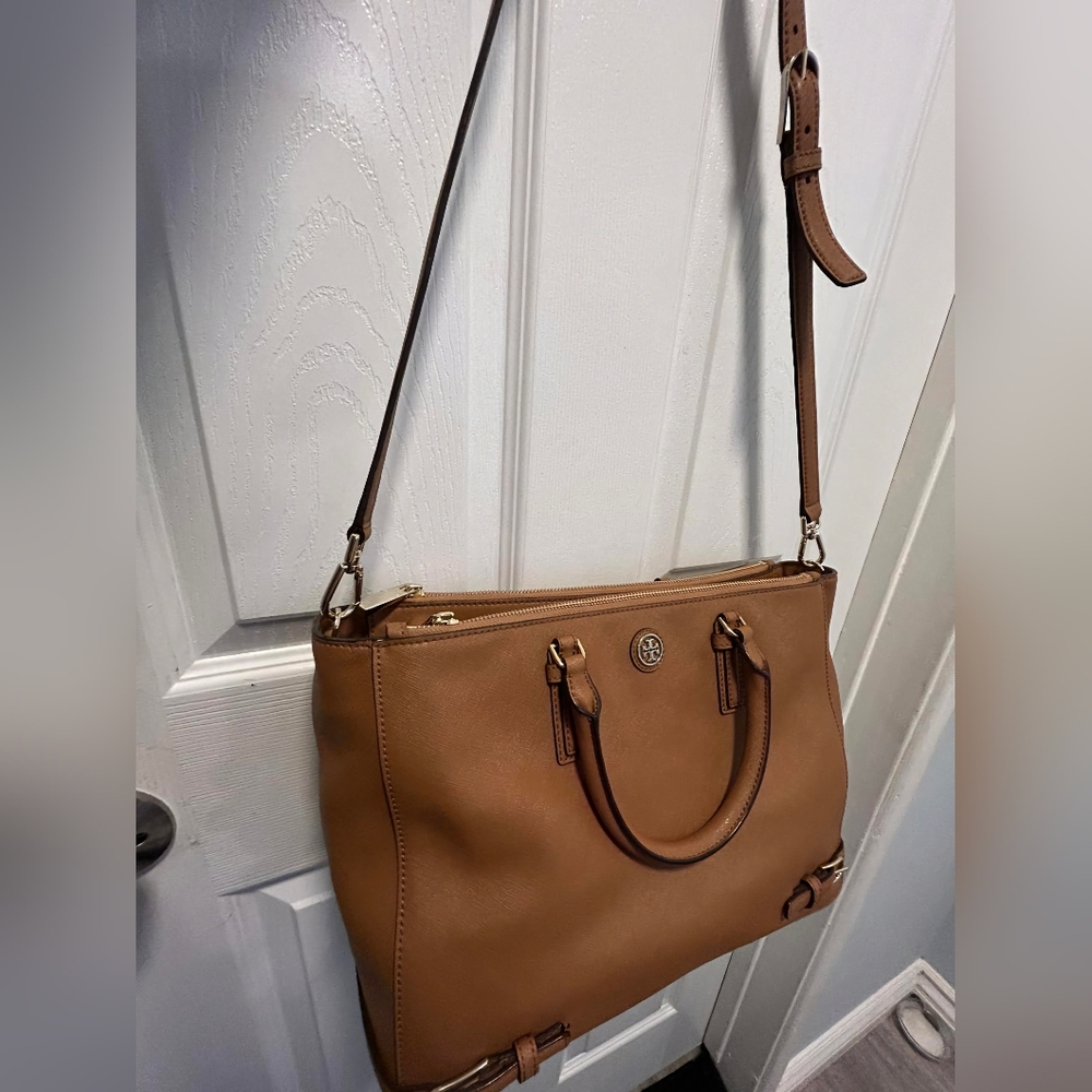 *TORY BURCH Brown/Tan Saffiano Leather L Robinson Multi Tote